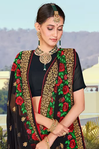 Black Zari Resham Embroidered Georgette Saree With Blouse Piece