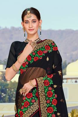 Black Zari Resham Embroidered Georgette Saree With Blouse Piece 3