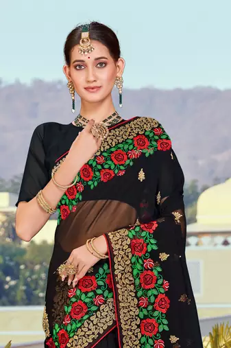 Black Zari Resham Embroidered Georgette Saree With Blouse Piece