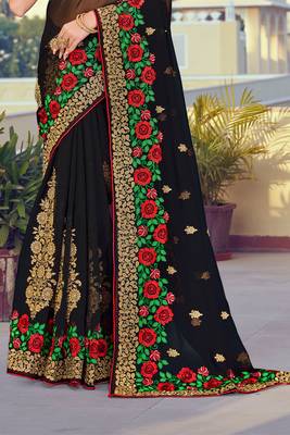 Black Zari Resham Embroidered Georgette Saree With Blouse Piece 4