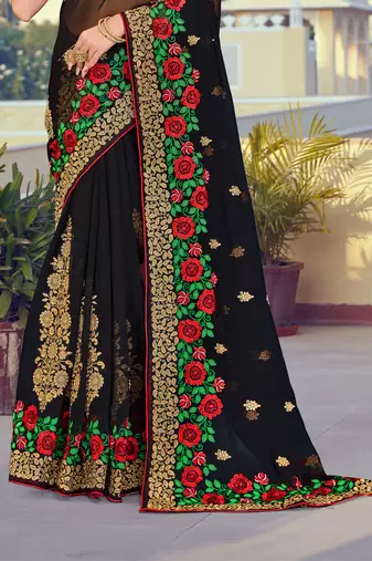 Black Zari Resham Embroidered Georgette Saree With Blouse Piece