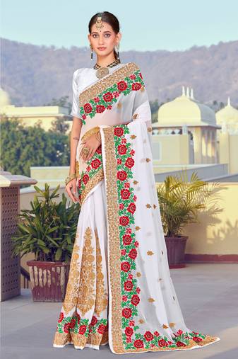 White Zari Resham Embroidered Georgette Saree With Blouse Piece
