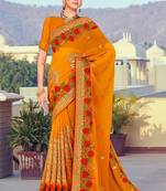 Mustard Zari Resham Embroidered Georgette Designer Saree With Blouse Piece