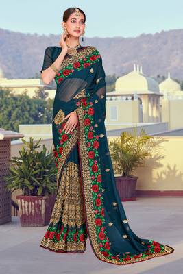 Teal Blue Zari Resham Embroidered Georgette Saree With Blouse Piece 1