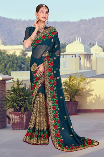 Teal Blue Zari Resham Embroidered Georgette Saree With Blouse Piece