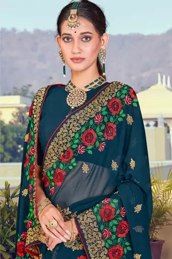Teal Blue Zari Resham Embroidered Georgette Saree With Blouse Piece