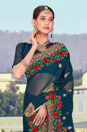 Teal Blue Zari Resham Embroidered Georgette Saree With Blouse Piece