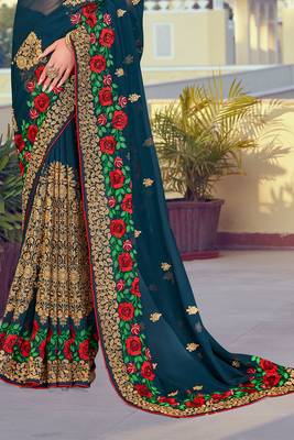 Teal Blue Zari Resham Embroidered Georgette Saree With Blouse Piece 4