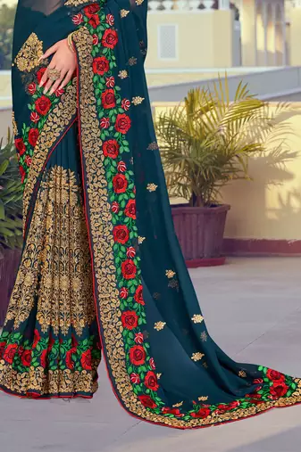 Teal Blue Zari Resham Embroidered Georgette Saree With Blouse Piece