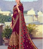Wine Zari Resham Embroidered Georgette Saree With Blouse Piece