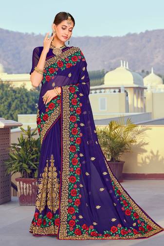 Navy Blue Zari Resham Embroidered Georgette Saree With Blouse Piece