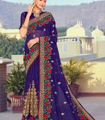 Navy Blue Zari Resham Embroidered Georgette Saree With Blouse Piece