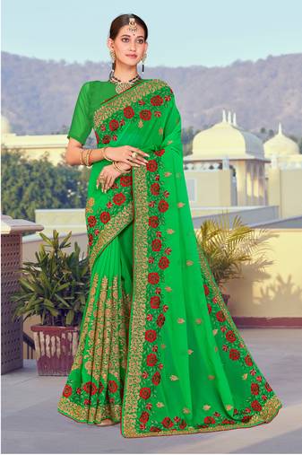 Green Zari Resham Embroidered Georgette Saree With Blouse Piece