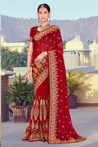 Maroon Zari Resham Embroidered Georgette Saree With Blouse Piece