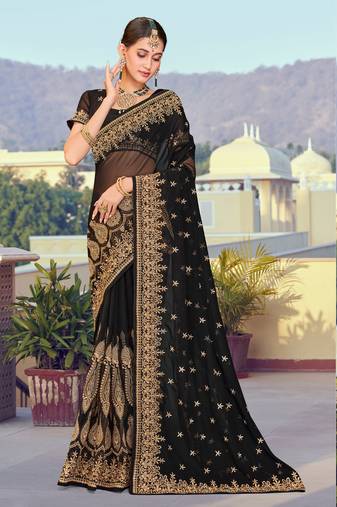 Black Zari Resham Embroidered Georgette Saree With Blouse Piece
