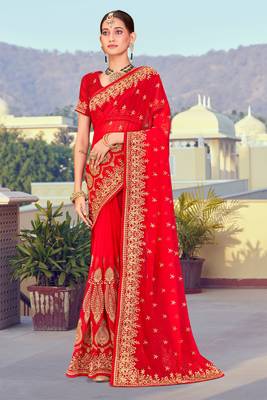 Red Zari Resham Embroidered Georgette Saree With Blouse Piece 1