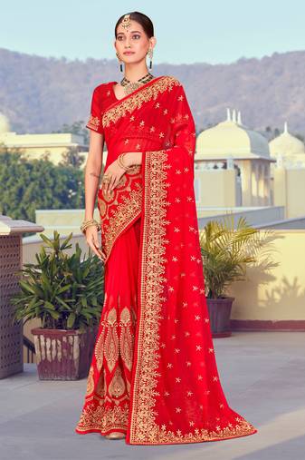 Red Zari Resham Embroidered Georgette Saree With Blouse Piece