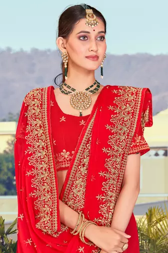Red Zari Resham Embroidered Georgette Saree With Blouse Piece