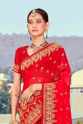 Red Zari Resham Embroidered Georgette Saree With Blouse Piece 3