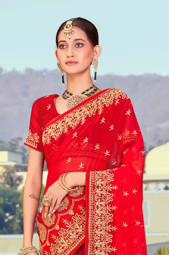 Red Zari Resham Embroidered Georgette Saree With Blouse Piece