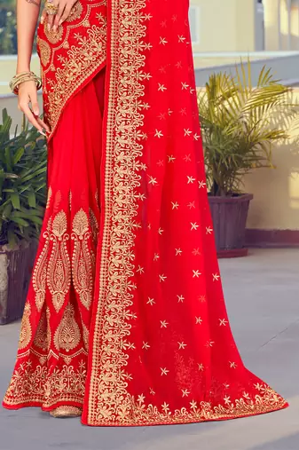 Red Zari Resham Embroidered Georgette Saree With Blouse Piece