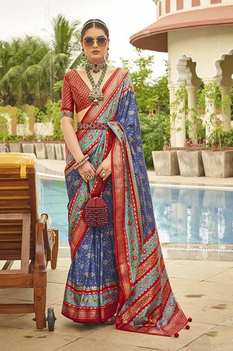 Royal Blue Colour Sigma Silk Blend Printed Patola Saree With Blouse