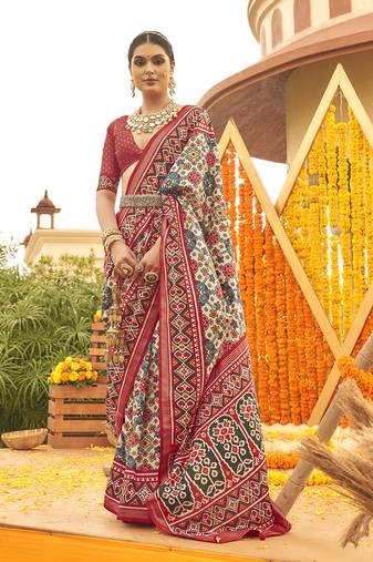 Off white & maroon colour printed patola silk blend saree with blouse