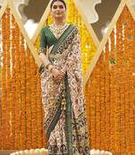 Cream & dark green colour printed patola silk blend saree with blouse
