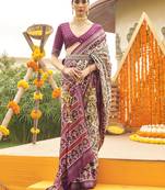 Cream & dark purple colour printed patola silk Blend saree with blouse