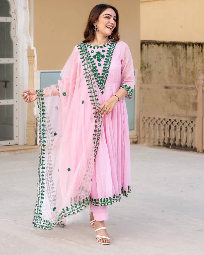 Blush pink kota doria Anarkali suit set 