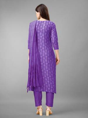 Women embroidered rayon purple kurta pant dupatta set 3