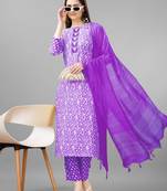 Women embroidered rayon purple kurta pant dupatta set