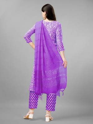 Women embroidered rayon purple kurta pant dupatta set 3