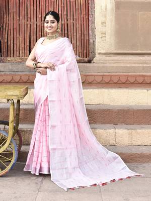 Elora pure linen ikkat butti weaving saree for women (light pink) 1