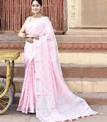 Elora pure linen ikkat butti weaving saree for women (light pink)