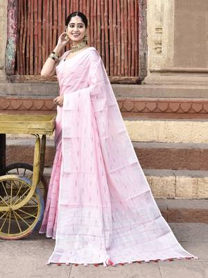 Elora pure linen ikkat butti weaving saree for women (light pink) 2