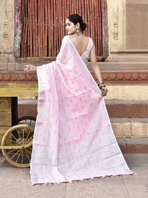Elora pure linen ikkat butti weaving saree for women (light pink) 3