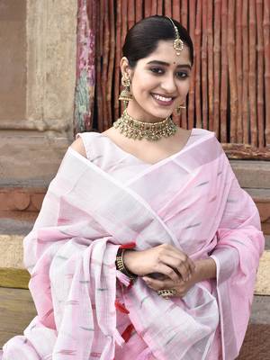 Elora pure linen ikkat butti weaving saree for women (light pink) 5