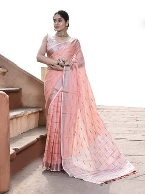 Elora pure linen ikkat butti weaving saree for women (peach) 1