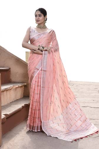 Elora pure linen ikkat butti weaving saree for women (peach)