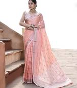 Elora pure linen ikkat butti weaving saree for women (peach)
