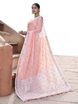 Elora pure linen ikkat butti weaving saree for women (peach) 2