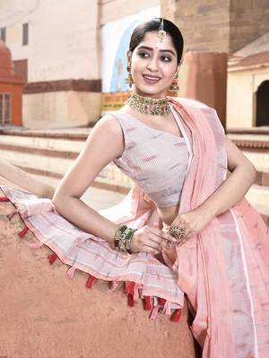 Elora pure linen ikkat butti weaving saree for women (peach) 5