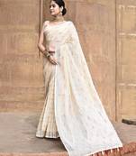 Elora pure linen ikkat butti weaving saree for women (cream)
