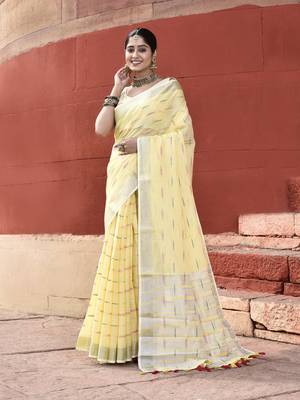 Elora pure linen ikkat butti weaving saree for women (yellow) 1