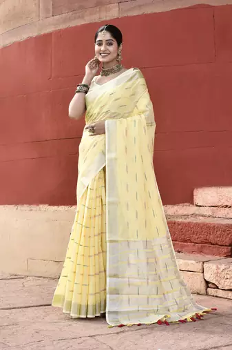 Elora pure linen ikkat butti weaving saree for women (yellow)