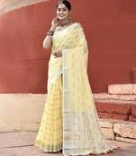 Elora pure linen ikkat butti weaving saree for women (yellow)