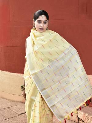 Elora pure linen ikkat butti weaving saree for women (yellow) 2