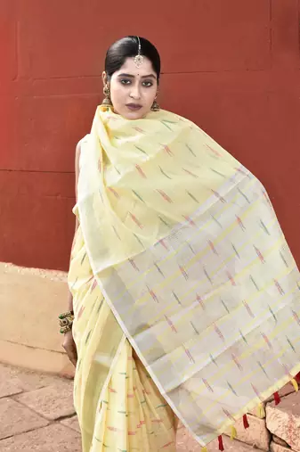 Elora pure linen ikkat butti weaving saree for women (yellow)