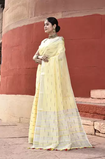 Elora pure linen ikkat butti weaving saree for women (yellow)
